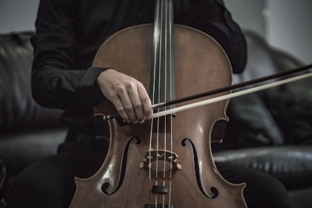 Seated artist playing cello.